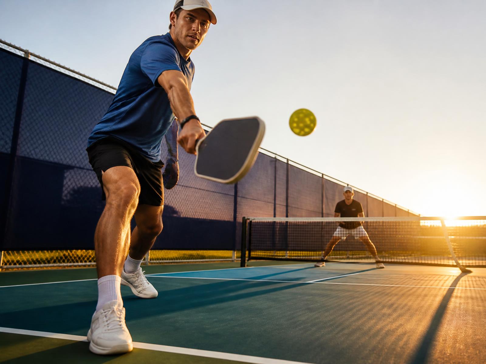 Pickleball player reaching for a low volley on a teal court at sunset